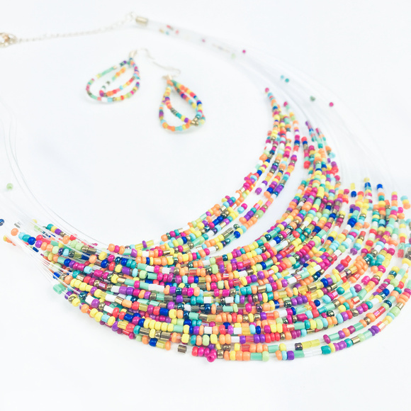 Calamity Dawn Jewelry - Confetti Bead Multi Strand Necklace Earring Set